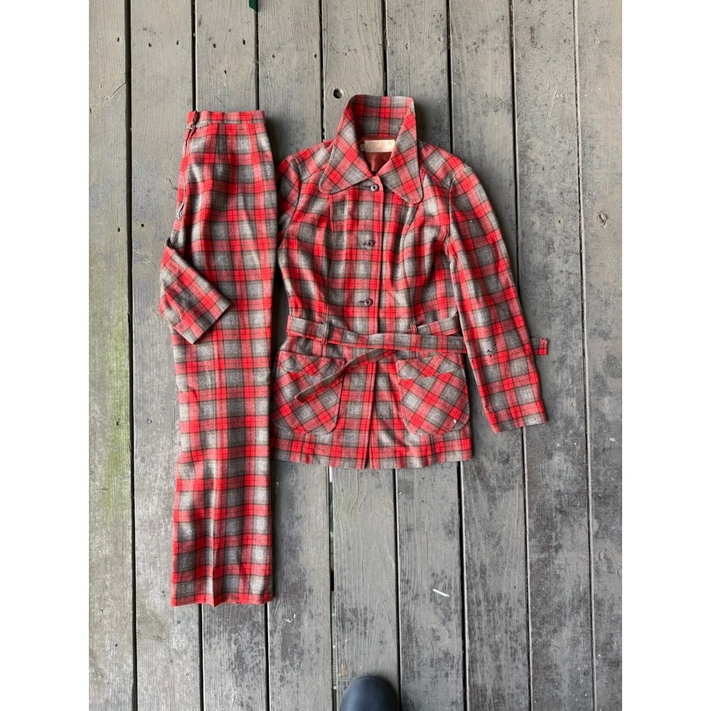 Pendleton Vintage 70s Red Plaid Wool Belted Safari Jacket and Pants Suit Set 14